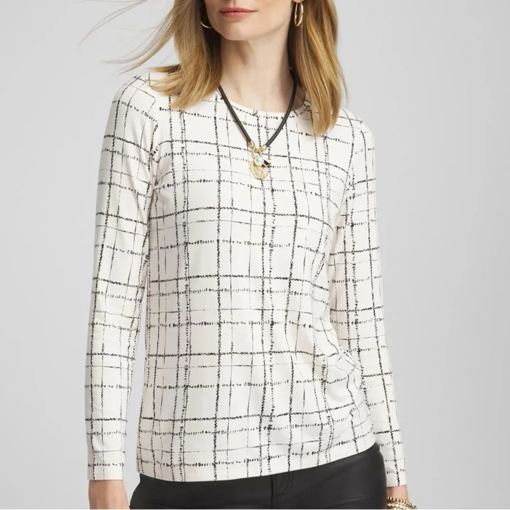 NWT Chico’s Touch of Cool Plaid Long Sleeve Layering Tee Cream XL
